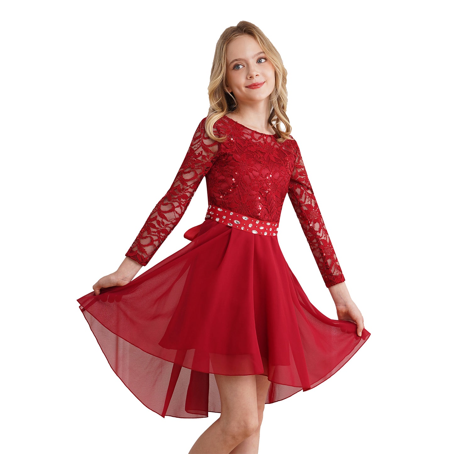 Elegantes Spitzen-Partykleid für Kinder, Mädchen, Chiffon, Spleißen, langärmelig, Kleid mit hohem und niedrigem Saum und Strass-Schärpe für Hochzeit, Geburtstag