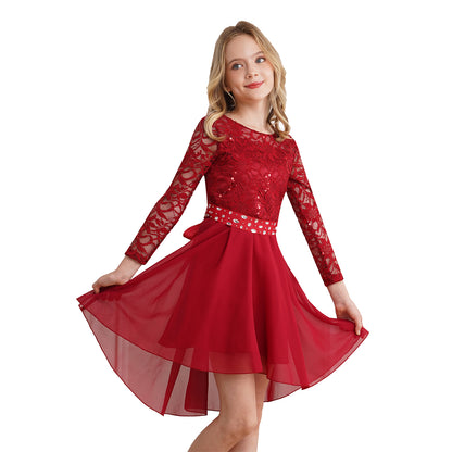 Elegantes Spitzen-Partykleid für Kinder, Mädchen, Chiffon, Spleißen, langärmelig, Kleid mit hohem und niedrigem Saum und Strass-Schärpe für Hochzeit, Geburtstag