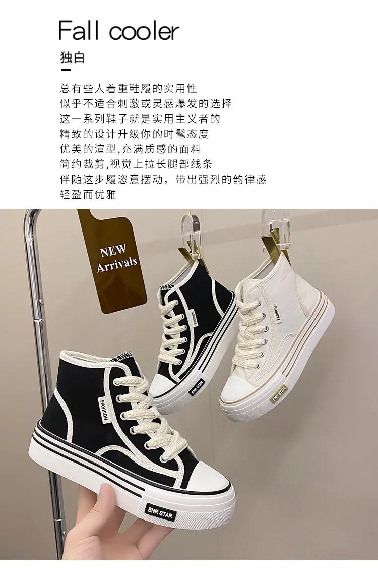 Maogu Women Autumn 2023 New Fashion Thick Platform Leisure Sports Shoe White Sneakers Breathable Casual High Top Canvas Shoes 40.