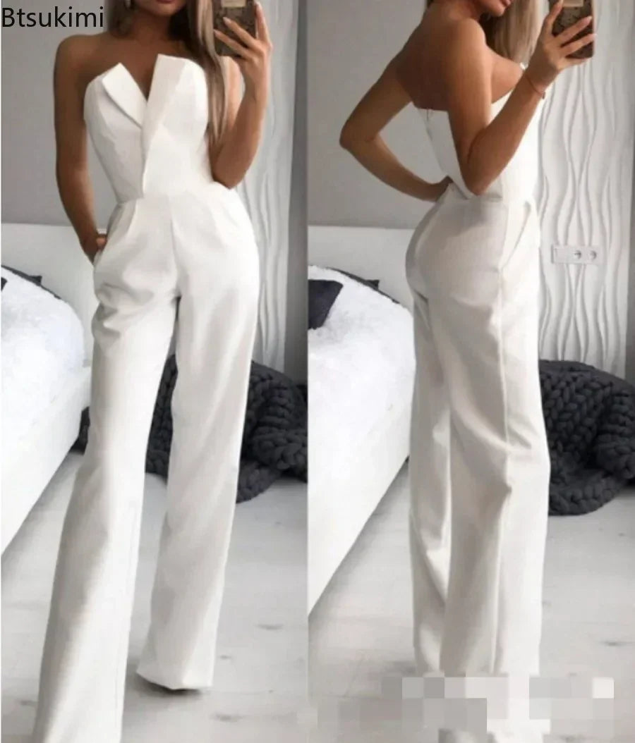 2025 Women's Elegant Jumpsuits Solid Off Shoulder Sexy Club Jumpsuit Female Sleeveless High Waist Slim Wide Leg Jumpsuit Pants.