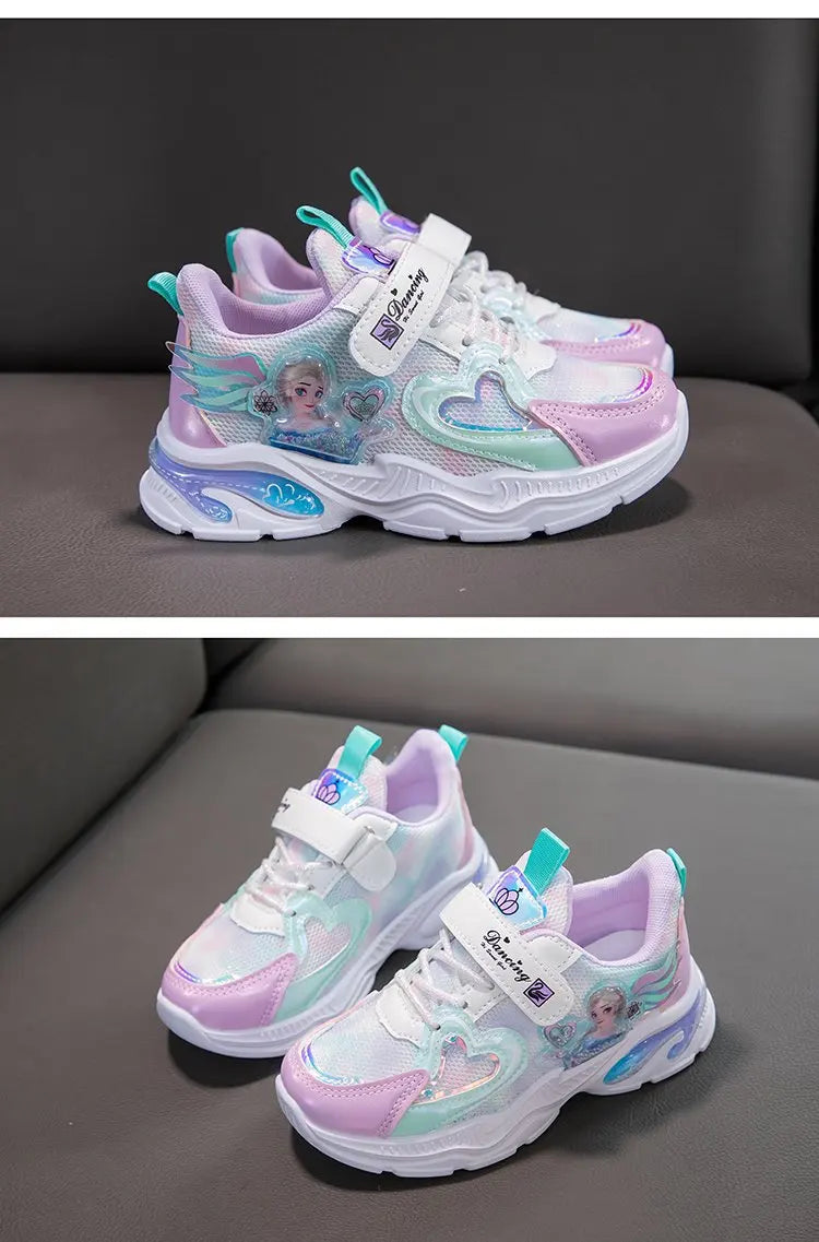 Disney Girls' Casual Shoes Frozen Priness Elsa Sneakers Mesh Leather White Breathable Sole Children's Sport Shoes Size 26-37.