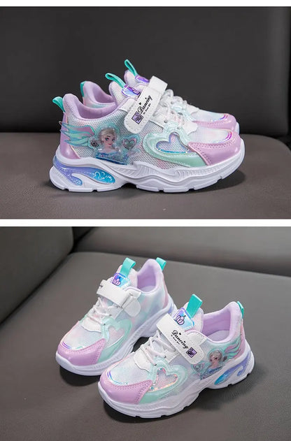 Disney Girls' Casual Shoes Frozen Priness Elsa Sneakers Mesh Leather White Breathable Sole Children's Sport Shoes Size 26-37.