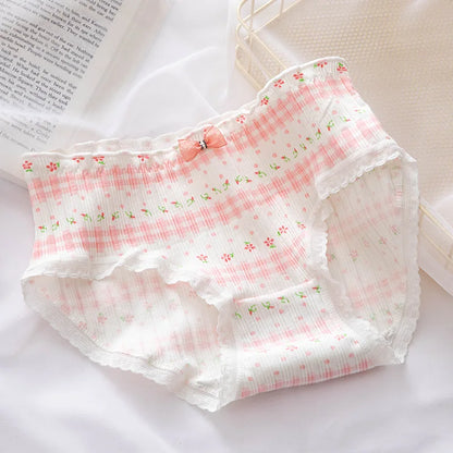 5Pcs/set Pure Cotton Sweet Bow Lace Women Panties Mid-Waist Girls Briefs Floral Underpants Soft Shorts Sexy Female Lingeries.