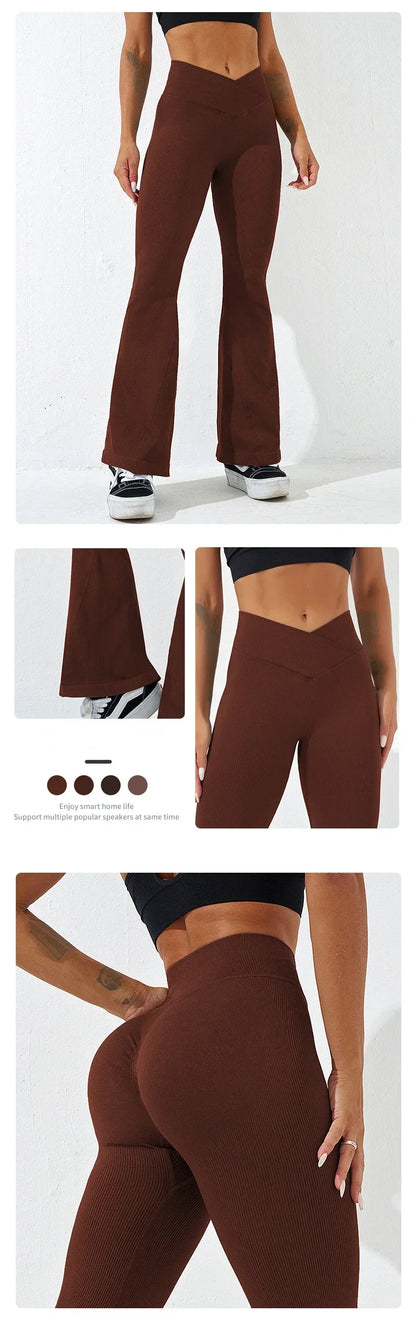 Sexy Slim Flared Pants Cross Waist Legging Women Seamless Gym Running Cycling Knit Yoga Stretch Butt Lift High Waist Pants.