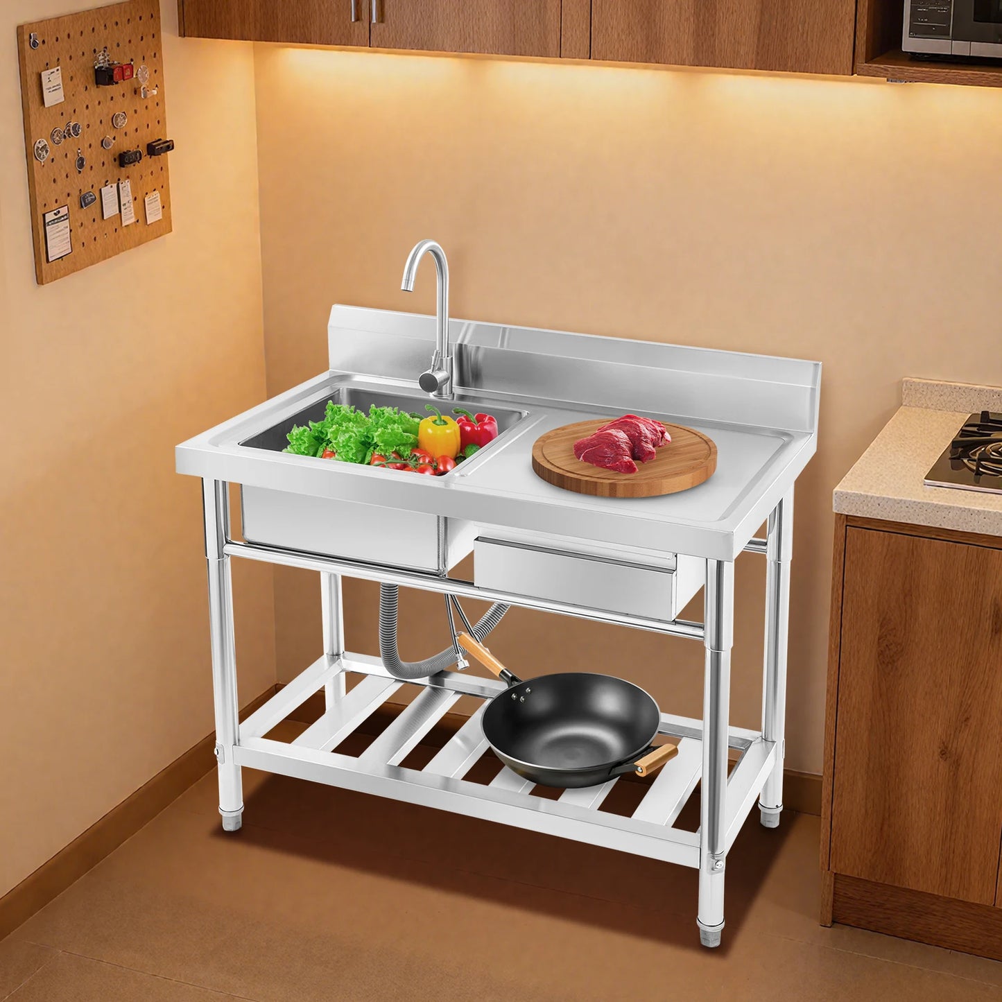 Verdicktes Edelstahl-Spülbecken mit Wasserhahn und Schublade, 150 kg Tragkraft 100 x 60 x 80 cm, für Küche, Restaurant, Wäsche, Garage