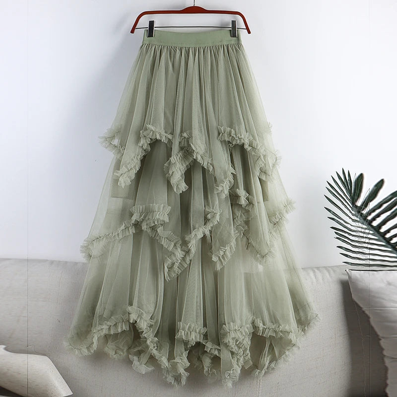 Autumn Winter New 2025 Irregular Cake Tulle Skirt Women Sweet Midi Long High Waist A Line Skirt Female Mesh Party Skirt Lady