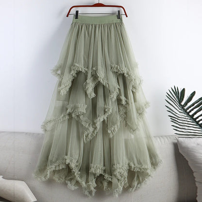 Autumn Winter New 2025 Irregular Cake Tulle Skirt Women Sweet Midi Long High Waist A Line Skirt Female Mesh Party Skirt Lady