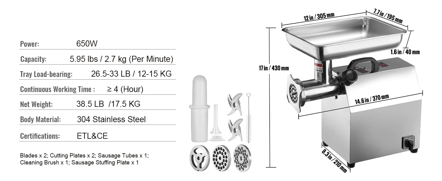 SucceBuy Electric Meat Grinder Food Processors Sausage Maker Filler Mincer Stuffer Stainless Steel with 2 Blades for Kitchen.