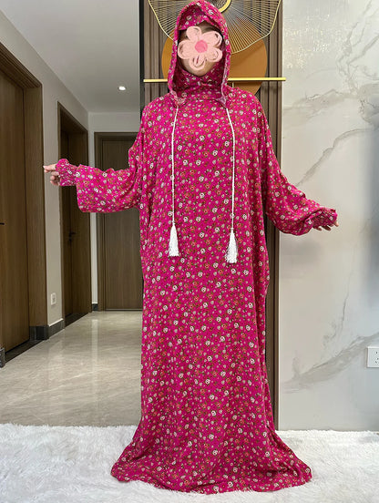 New Ramadan Muslim Two Hats Abaya Dubai Turkey Islam Prayer Clothes Floral Cotton Long Dress Islam Women Dress Kaftan.