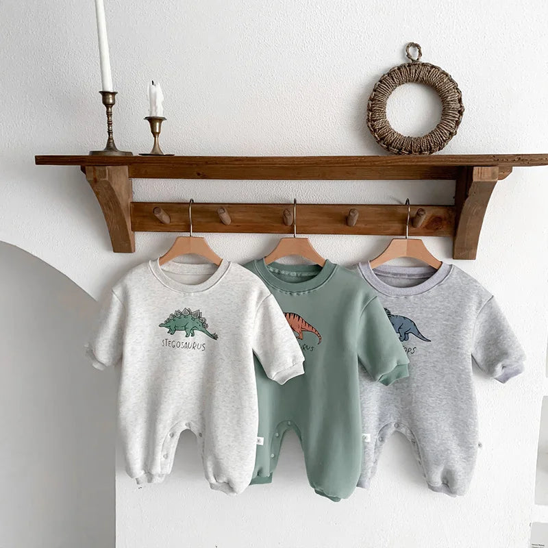 Neuankömmling Cartoon Dino Print Baby Neugeborenen Stram pler Säuglings mädchen Overalls Langarm Jungen Kleidung ein Stück.