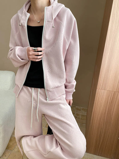 Spring and Autumn Women's Casual Solid Color Loose Hooded Sweatshirt+High Waist Loose Pants Set.