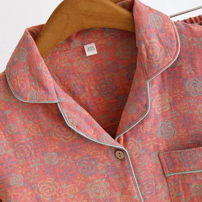 100% Cotton Crepe Homeclothes 2023 Autumn/Winter Women's Pajamas Suit Long-Sleeved Trousers 2-piece Yarn-Dyed Jacquard Pajamas