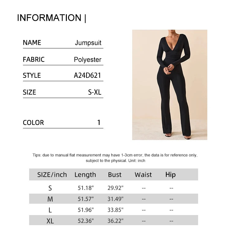 Schwarz Plissee Big Flare Overall Langarm V-ausschnitt Dünne Overall Hosen Frauen Sexy Schlanke Rückenfreie Langarm Hosen.