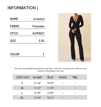 Schwarz Plissee Big Flare Overall Langarm V-ausschnitt Dünne Overall Hosen Frauen Sexy Schlanke Rückenfreie Langarm Hosen.