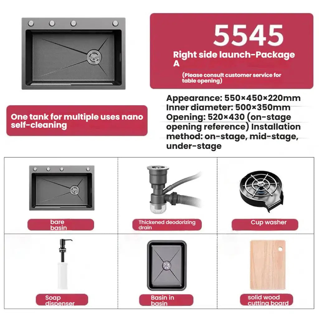 Stainless Steel Kitchen Sink Household Rice Grain Pattern Large Single Slot Wear Resistant Wash Dish Bowl Countertop Basin