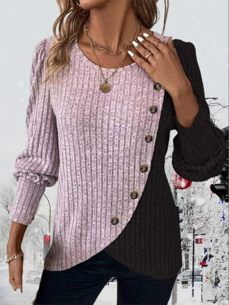 Herbst Langarm Tasten Pit Gestreiften Frauen Pullover Kontrast Farbe Lange Hülse O-ansatz Pullover Lose Einfache Gestrickte Kleidung.