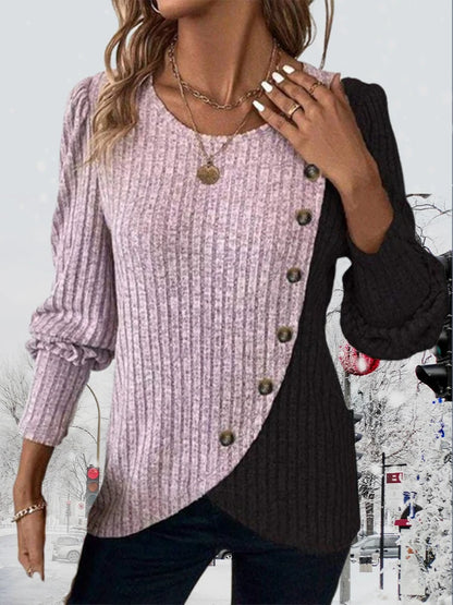 Herbst Langarm Tasten Pit Gestreiften Frauen Pullover Kontrast Farbe Lange Hülse O-ansatz Pullover Lose Einfache Gestrickte Kleidung.