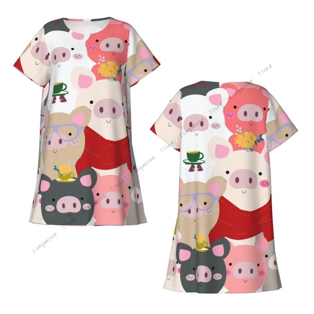 Sommer-Damen-Pyjama, Vintage-Stil, süßes Babyschwein, blau, grau, Pastell, Cartoon-Comic-Kunst, kurzärmeliges Nachthemd, dünner langer Rock, Homewear.