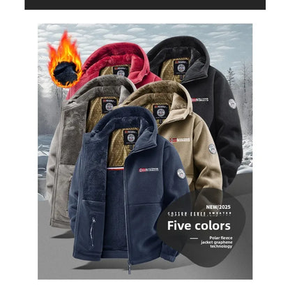CHUJIE Men's autumn and winter fleece fashion graphenewarm hooded jacket outdoor hiking sports with thick fleece cardigan jacket.