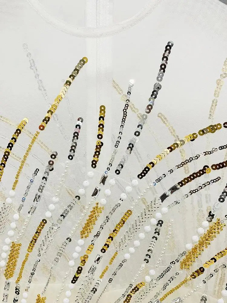 HIGH STREET Newest 2024 Designer Runway Fashion Women's Mesh Splicing Sequin Diamonds Beaded Jumpsuit.