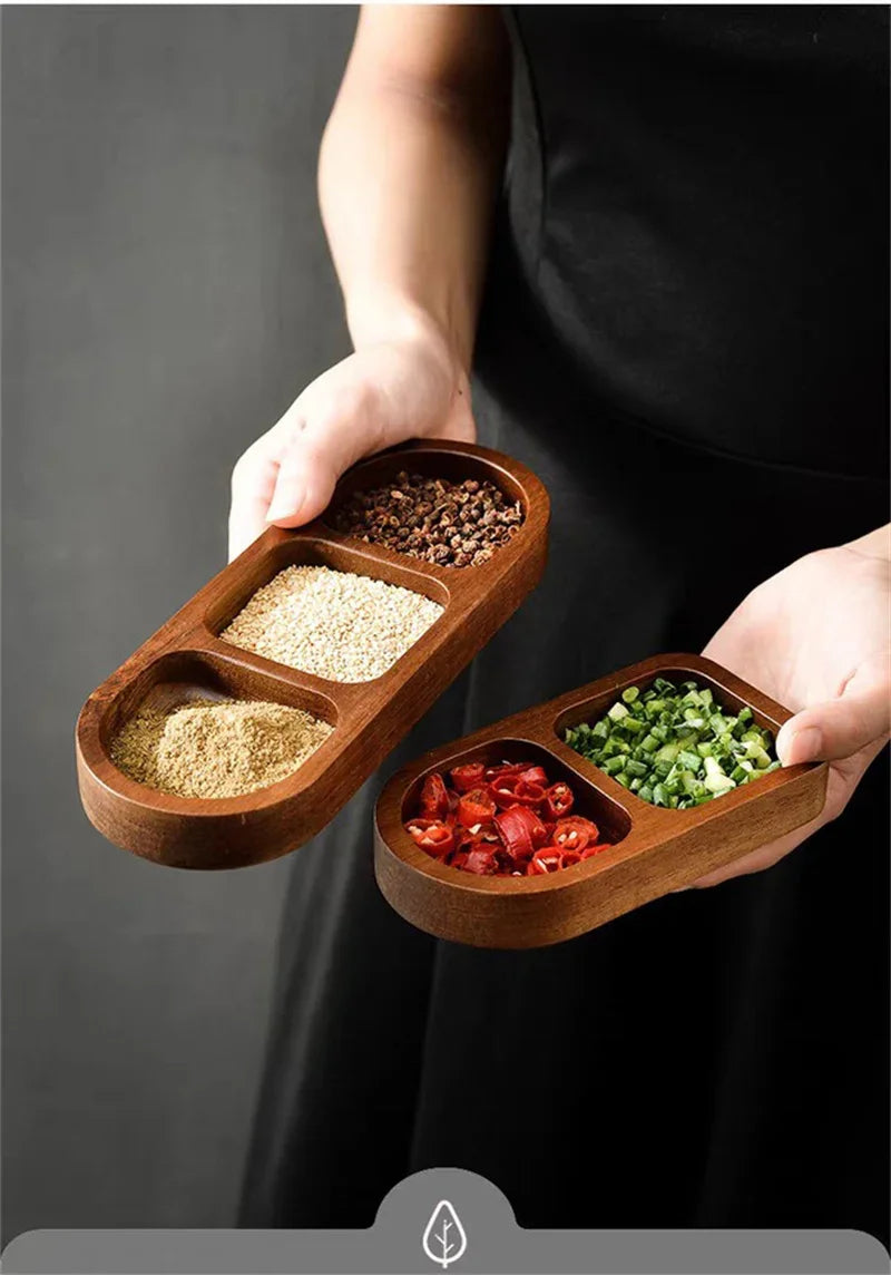 Solid Wood Rectangle Tray 2/3 Grid Condiment Plate Breakfast Sushi Bread Dessert Sauce Plate Kitchen Dinner Seasoning Dish.