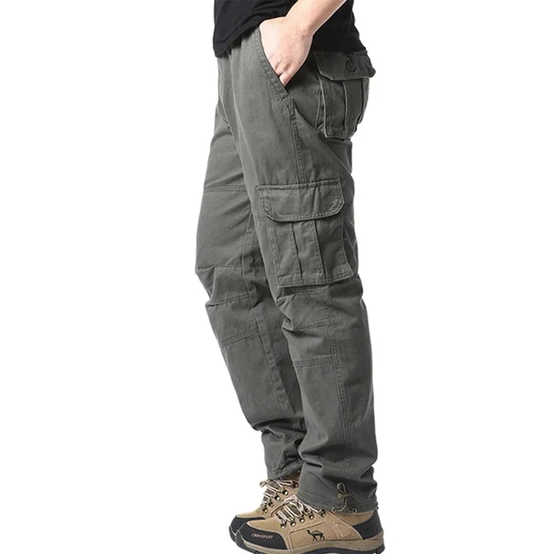 Solid Cotton Multi Flap Pockets Men's Straight Leg Cargo Pants, Loose Casual Outdoor Pants, Men's Work Pants Outdoors Streetwear.