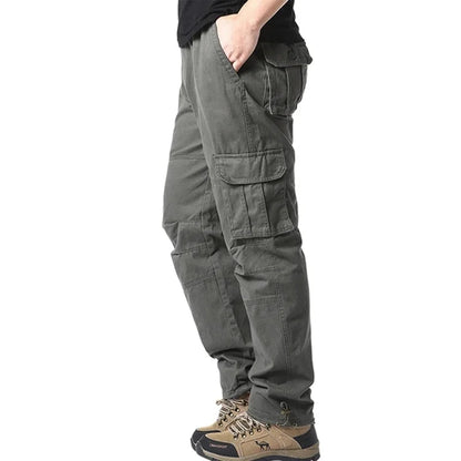 Solid Cotton Multi Flap Pockets Men's Straight Leg Cargo Pants, Loose Casual Outdoor Pants, Men's Work Pants Outdoors Streetwear.