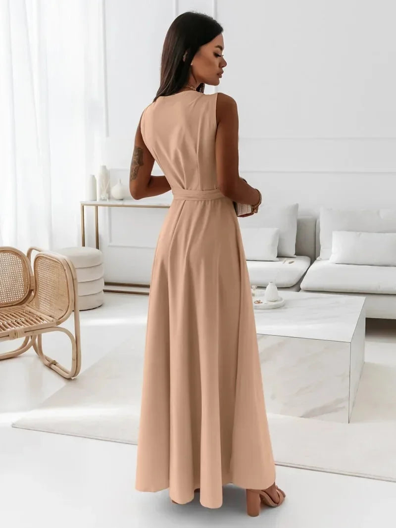 Frühling Sommer Neue Stil frauen Lange V-ausschnitt Kleid Reine Farbe Maxi Kleid Ärmelloses Empire-Taille Kleid für Damen Modische.