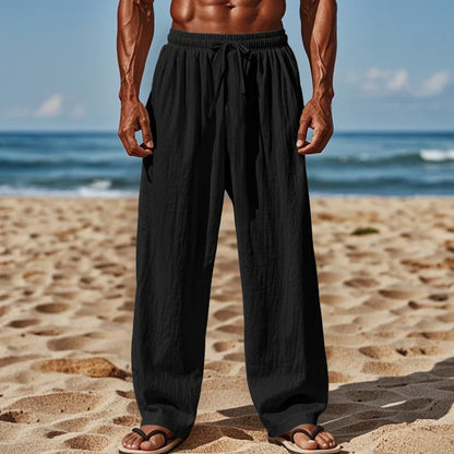 Men's Linen Casual Pants Elastic Waist Beach Pants Lightweight Drawstring Summer Yoga Pants Solid Color Beach Pants.