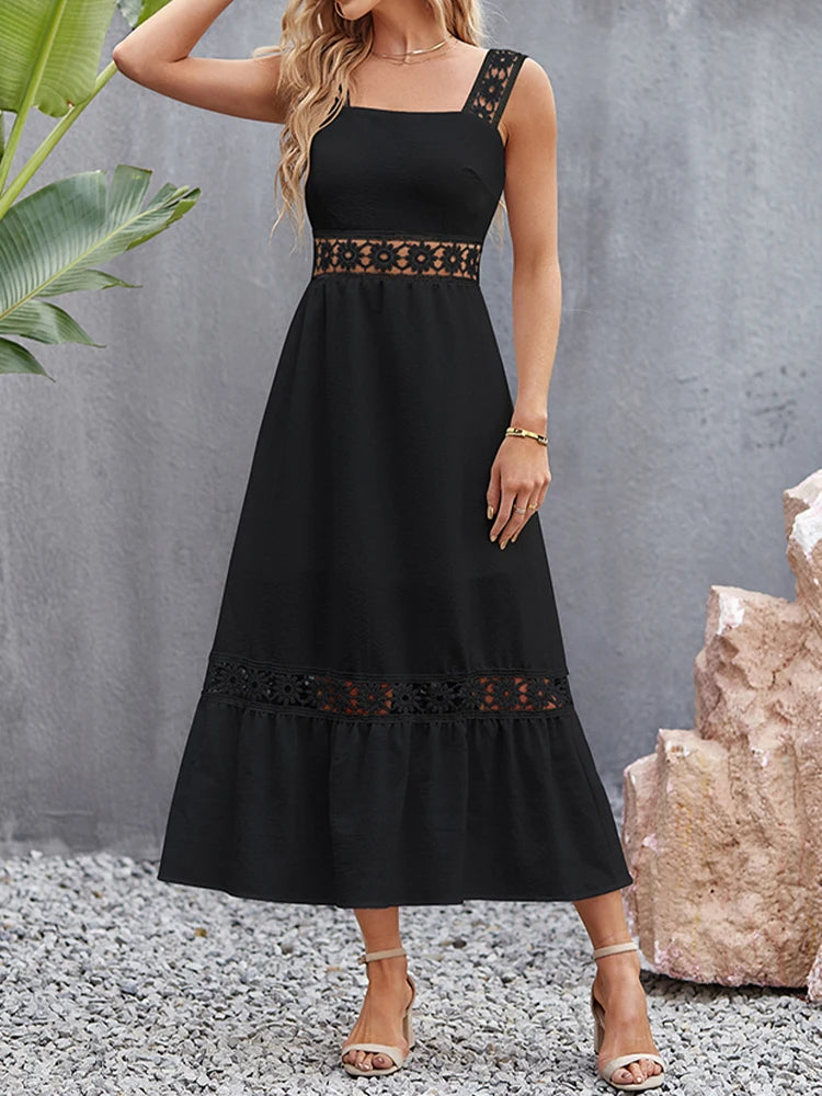 Weiße Lange Kleid Frauen Sommer Sexy Sleeveless Backless Maxi Kleider Damen Elegante Hohle Heraus Spitze Kleid Boho Sommerkleid Vestidos.