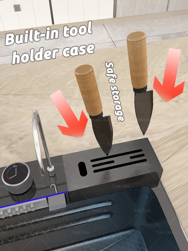 Stainless Steel Waterfall Kitchen Sink Extra Large Single Slot Multifunctional Sinks Digital Display Dishwashing Basin