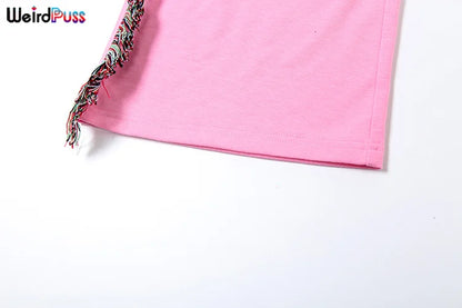 Weird Puss Casual Sporty 2 Piece Set Women Letter Embroidery Crop Tops+Side Tassel Straight Pants Matching Streetwear Tracksuits