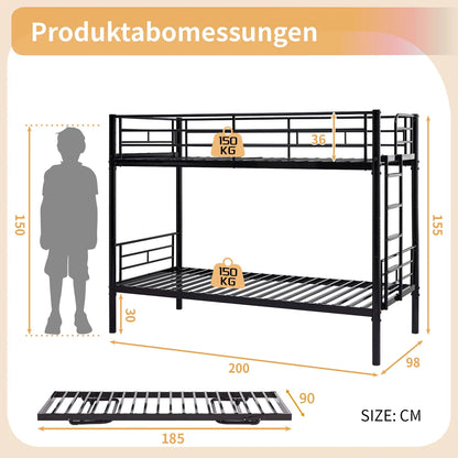 Etagenbett aus Metall, 90 x 200 cm, Etagenbett mit ausklappbarem Bett, erweiterbar auf zwei Einzelbetten oder Erwachsenenbetten, Schwarz