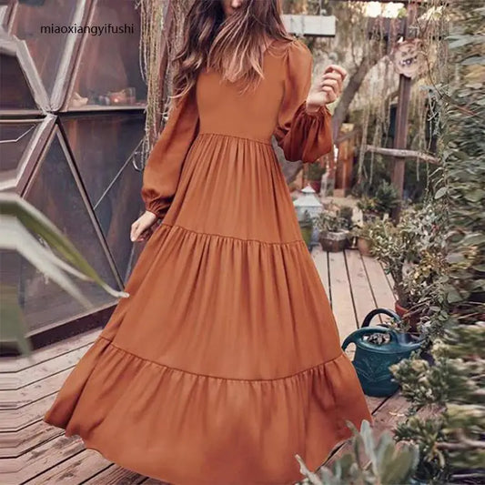 Women Summer dress 2025 new fashion casual solid color v neck long sleeve temperament big swing dresses women vestidos TXGL519.