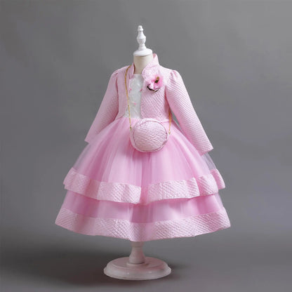 Neues Herbst/Winter Langarm-Partykleid, elegantes Mädchen-Stickerei, Weihnachts-Performance-Kleid, Geschenktüte für Kinder im Alter von 3–11 Jahren