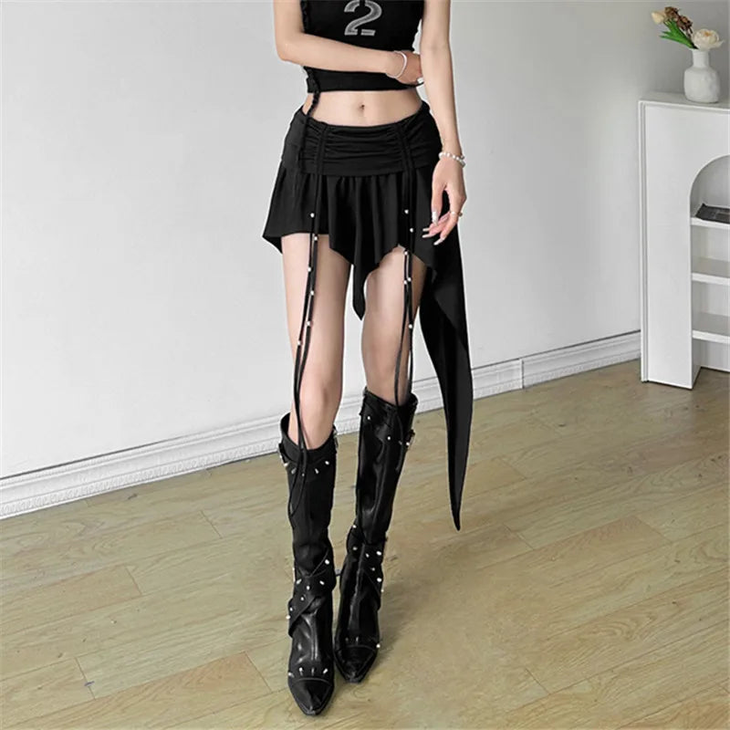 Goth Dark Mall Gothic Dropped Waist Drawstring Mini Skirt Punk Grunge Women Irregular Hem A-line Skirts Chic E-girl Techwear Y2K.
