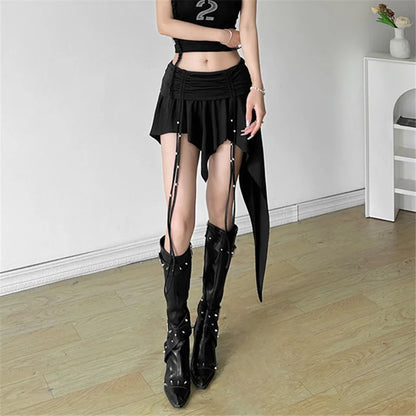 Goth Dark Mall Gothic Dropped Waist Drawstring Mini Skirt Punk Grunge Women Irregular Hem A-line Skirts Chic E-girl Techwear Y2K.