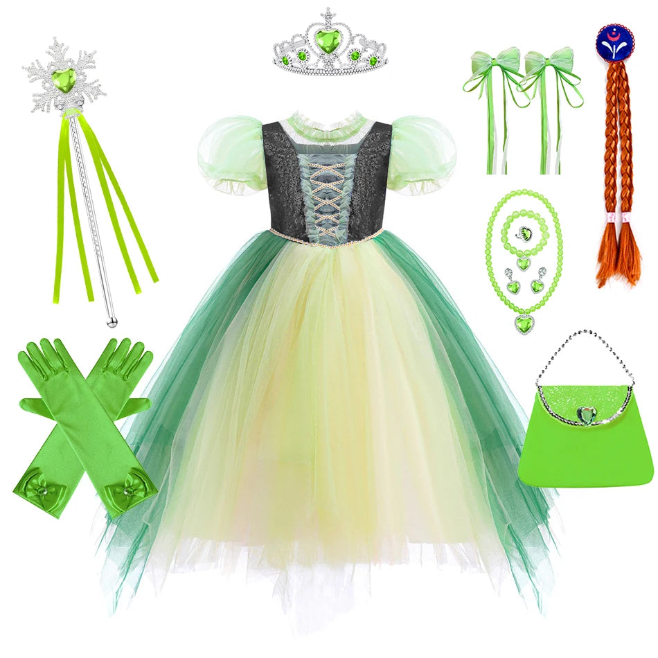 Anna Grünes Kleid Mädchen Spitze Tüll Elegantes Kleid Kinder Bühnenshow Prinzessin Kostüm Kinder Purim Cosplay Kleidung.