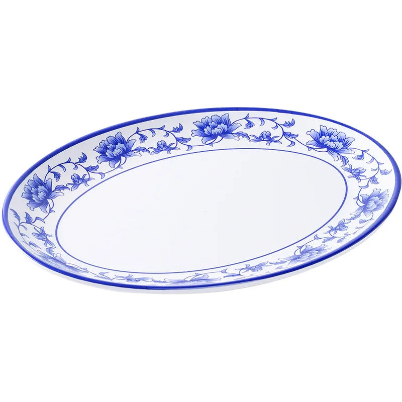 Melamine Chinese Style Blue and White Porcelain Tableware Creative Oval Dinner Plate.