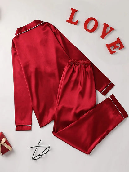 Solides Pyjama-Set mit langen Ärmeln, Knopfleiste, Revers, Oberteil und Hose, Pyjama-Set, Damen-Nachtwäsche und Loungewear.