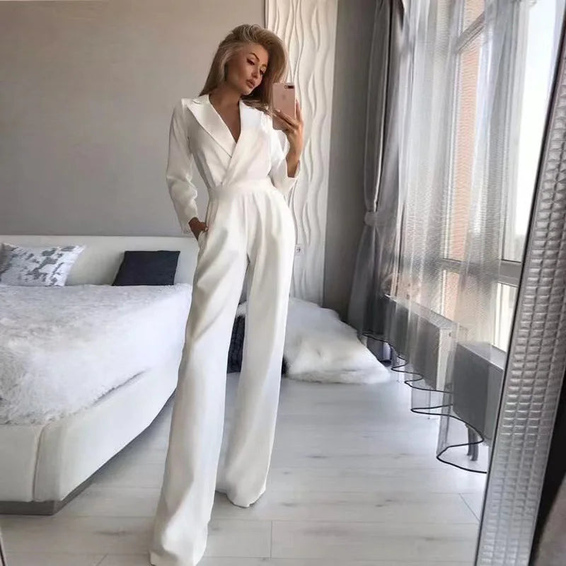 Women Jumpsuits Long Sleeve V Neck Rompers Overalls One Piece Wide Leg Pants Slight Strech Office Lady Solid New Chinese.