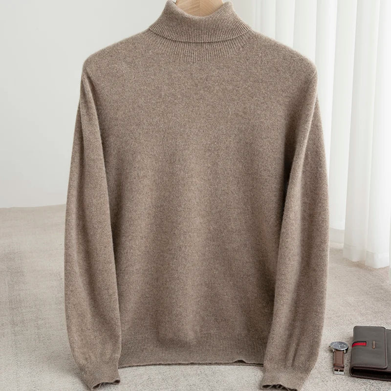 Men 100% Merino Wool Sweater Turtleneck Knitted Pullover Cashmere Warm Solid Color Clothes Business Bottoming Tops Autumn Winter.