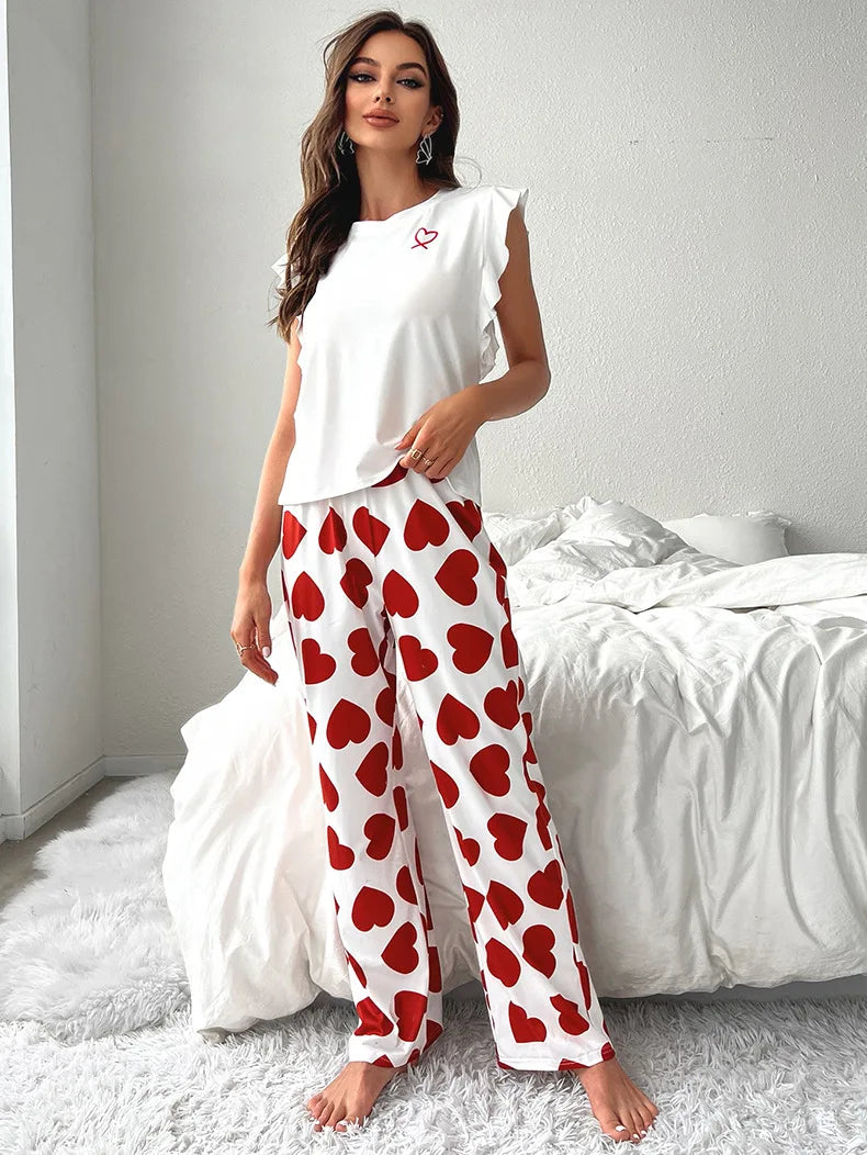 2024 White T-Shirt Women's Pajama Set Sexy Fly Sleeve Vest Pants Sleepwear Heart Print Casual Pyjamas Loungewear Spring 2-piece.