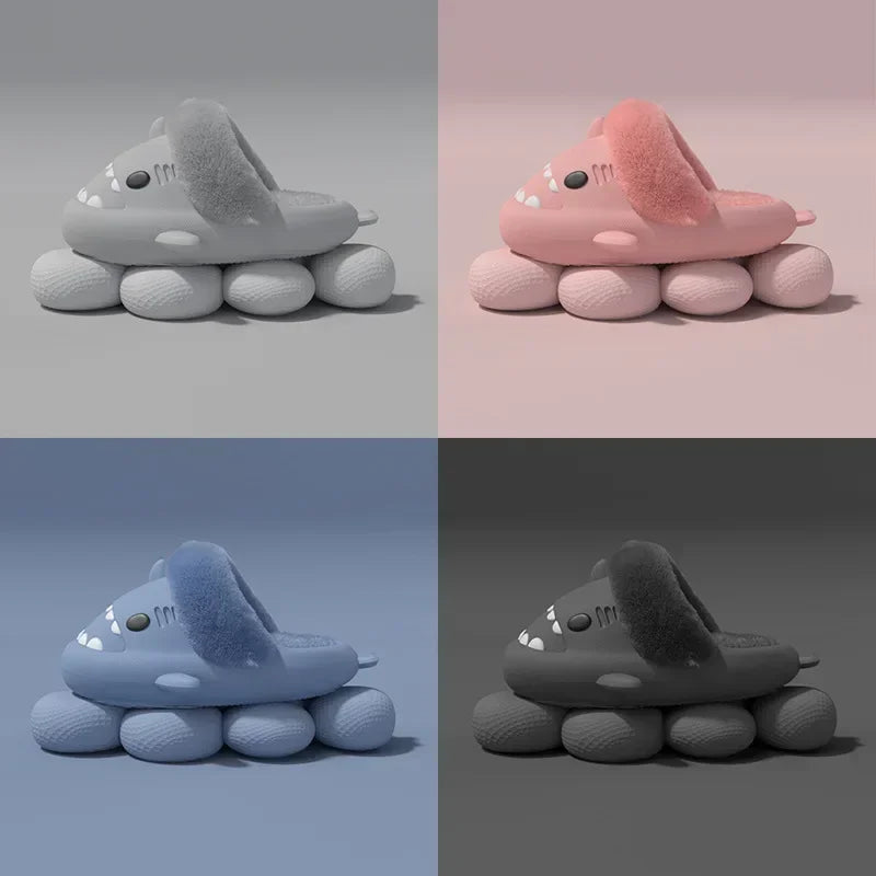 Women Shark Slippers Slides Platform Winter Warm Fluffy Sandal Home Cloud Clapper Soft Room Shoes Children Plush indoor Boy Girl.