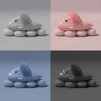 Women Shark Slippers Slides Platform Winter Warm Fluffy Sandal Home Cloud Clapper Soft Room Shoes Children Plush indoor Boy Girl.