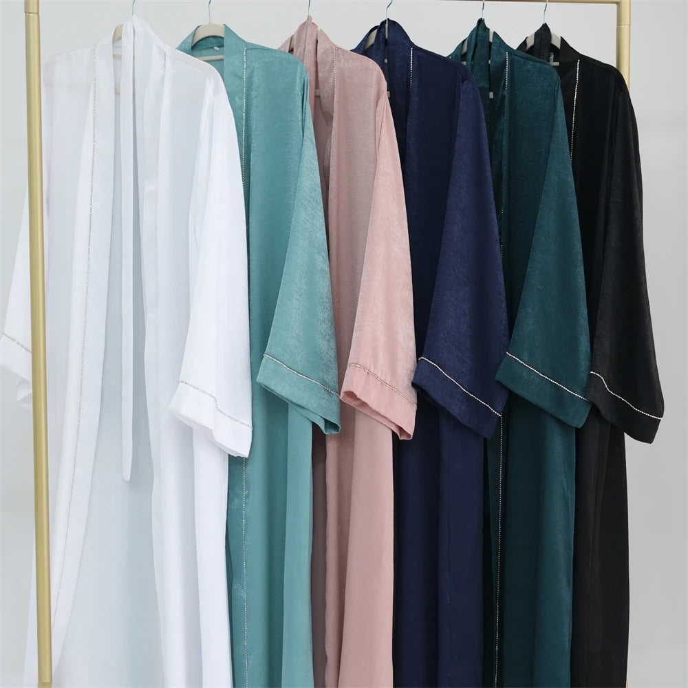 Ramadan Eid Open Satin Shimmer Kimono Abaya Damen Dubai Luxury Islam Muslim Kaftan Dress For Women Kebaya Robe Musulmane Femme.