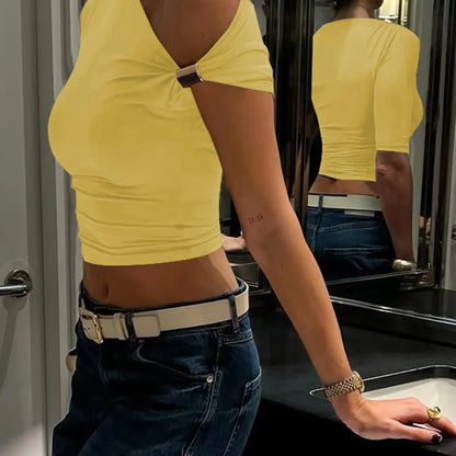 Cryptographic One Shoulder Asymmetrical Tops Summer Fashion Outfits Embellished Sexy Backless Solid Cropped Top Streetwear.