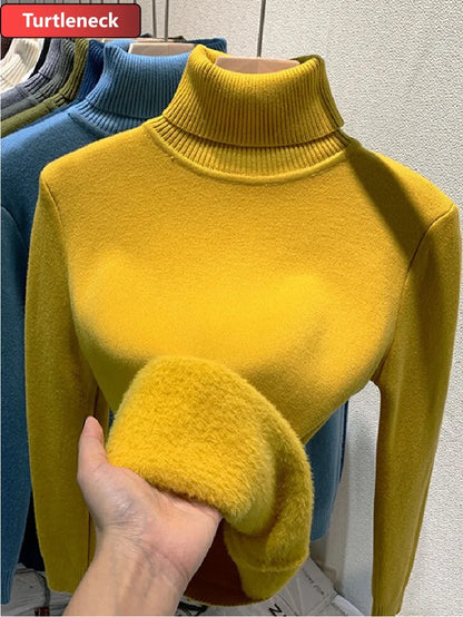 Pullover Für Frauen Winter Verdicken Rollkragen Schlank Stricken Pullover Neue Warme Plüsch Samt Gefüttert Strickwaren Jumper Tops Casual Poleras