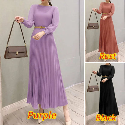 ZANZEA Elegantes Damen-Plisseekleid, edel, gesmokte Bündchen, langärmelig, O-Ausschnitt, Fit und Flare, lang, Vestidos, Pendeln, solide Party-Roben.