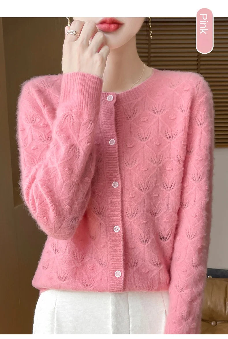 2024 Autumn And Winter New Round Neck Hollowed Out 100 Wool Knitted Cardigan Women's Versatile Coat Loose Casual Sweater DMR281.